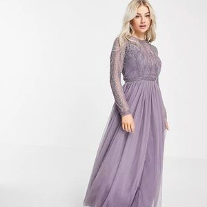 ASOS Design Petite Embellished Bodice Maxi Dress with
Tulle Skirt in Liliac